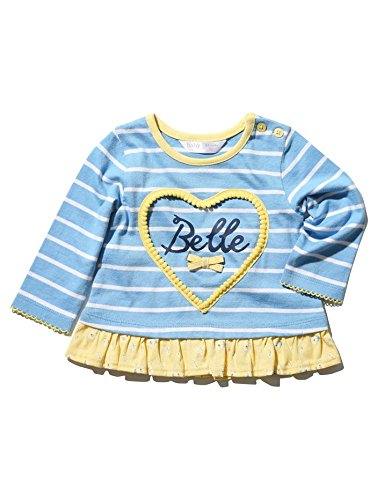 M&Co Baby Girl Long Sleeve Stripe Print Belle Slogan Love Heart Bow Detail Frill Hem Cotton T-Shirt Light Blue 0/3 Mnths