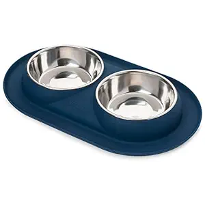 Bonza Double Dog Bowl Pet Feeding Station, Stainless Steel Water and Food Bowls with Spill and Skid Resistant Silicone Base. Premium Quality Feeder Solution for Small Dogs and Cats.