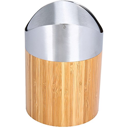 Oxid7® Tischabfalleimer Abfallbehälter Kosmetikeimer Bambus mit Schwingdeckel - 2