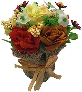 ChosenTech Artificial Fake Flowers Includes Receptacle Basket, Linen Plastic Flowers with Spikes &amp; Bow-tie for Gift, Arrangements Bridal, Home, Bedroom, Floor, Garden, Office, Wedding, Party &amp; Decor (Yellow &amp; Coral &amp; Red )