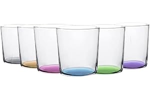 TRESV Set de 6 Vasos de cristal agua de Colores, Vasos de Cristal de 345cc y 520cc Multicolor y Transparentes, Aptos para Lavavajillas