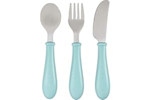 BÉABA, Set de 3 Couverts Enfant d'Apprentissage - Inox - 2ème Âge, Dès 12 mois - Prise en main facile pour Bébé, Airy Green
