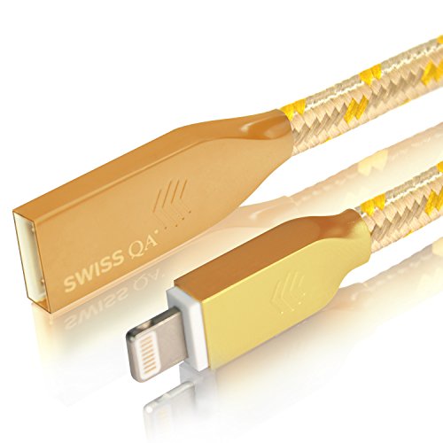 Lightning Kabel - 1m, Gold, Neustes Design - Sehr schnelles iPhone 7 Ladekabel - verstärktes USB Datenkabel mit Knickschutz - Für Apple iPhone 7 6 5, iPad, iPod - SWISS-QA Geldrückgabe Garantie