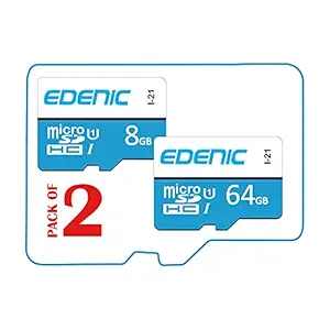 Edenic Premium 8GB+64GB Memory Card,8GB+64GB Micro SDHC Card,Class 10,Fast Speed for Smartphones, Tablets and Other Micro Slots wtih Data Transfer(Combo-Pack of 2)