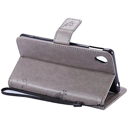 Cozy Hut [New Style] Sony Xperia M4 Aqua Hülle in Katze und Baum muster seitlich aufklappbare Schutzhülle / integrierte Kartenfächer / Klapptasche Etui Wallet Stil Handy Tasche – grau - 4