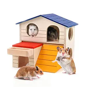 CROWNY Pet Small Animal Hideout Hamster House Deluxe Two Layers Wooden Hut Play Toys Chews