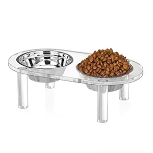 NIUBEE Raised Cat Dog Bowls Stand, Clear Acrylic Elevated Pet Feeder with 3 Dishes for Food and Water - 4 Inches Height (3 Bowls, Small)