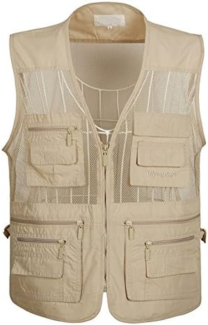 Mens Outdoor Photography Camping Hunting Fishing Vest Multifunction Gilet Casual Waistcoat Jacket Top Khaki 2XL