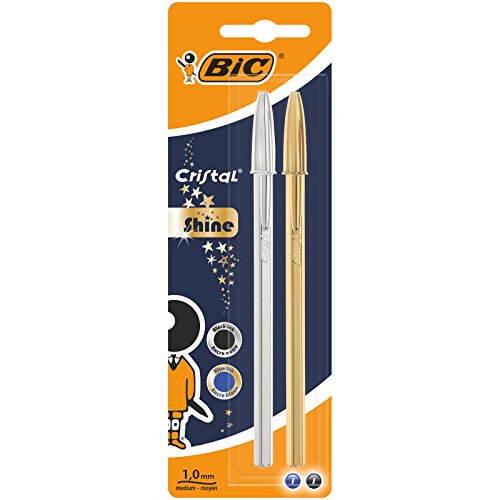 BIC Cristal Shine bolígrafos punta media (1,0 mm) - Cuerpo y colores Surtidos, Blíster de 2 unidades