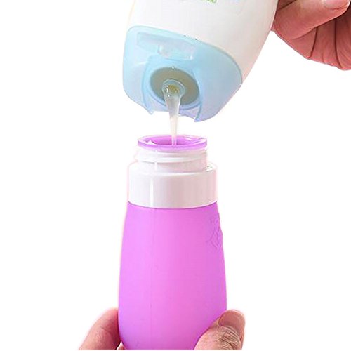 Reise-Flaschen, ARKTeK 3oz Leck-Proof Soft Silikon-Container, Nachfüll- & Quetsch-Flaschen für Kosmetik, Shampoo, Conditioner, Lotion, Toilettenartikel [Set von 3, Grün / Pink / Lila] - 5