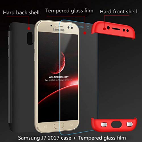 Funda Samsung J7 2017 Cubierta de 360  Caja protectora PC Shell duro Anti-Shock A prueba de choques Almohadilla anti-rasgu  o del protector completo del cuerpo 360 grados Cubierta completa Caso mate de la protecci  n 3 en 1 Rojo y negro 