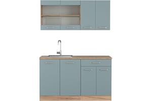 Vicco Livinity cucina monoblocco R-line, Rovere blu-grigio/oro, 140 cm, PT Rovere