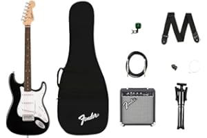 Squier by Fender Debut Collection Stratocaster E-Gitarre mit Frontman 10G Amp, gepolstertem Gigbag, Gurt, Kabel, Plektren, Gitarrenständer, Clip-on Stimmgerät und einem Satz Reservesaiten.