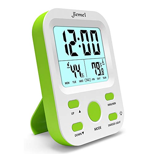 jiemei Alarm Clock Battery Operated, Digital Alarm Clocks for Kids and Adults with Snooze Function, LCD Large Display, Smart Backlight (Green)