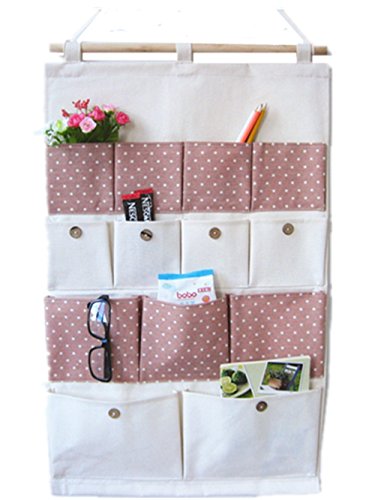 Moolecole Pastoral Style Pink Polka Dots Cotton/Linen Fabric Wall Hanging Organizer 13-Pockets Door Hanging Storage Bag Hanging Shelves
