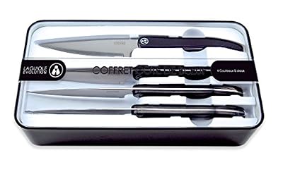 Laguiole Evolution 10020001 Coffret de Cote de boeuf 4 Couteaux steaks Éminceurs Acier Inoxydable Noir 26 x 14 x 4, 8 cm