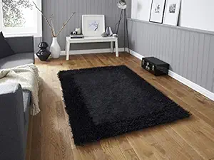 SRHandloom Polyester Modern Luxurious Thick Pile Modern Soft Shaggy Rugs for Living Room, Bedroom & Hall (Black, 16x24)