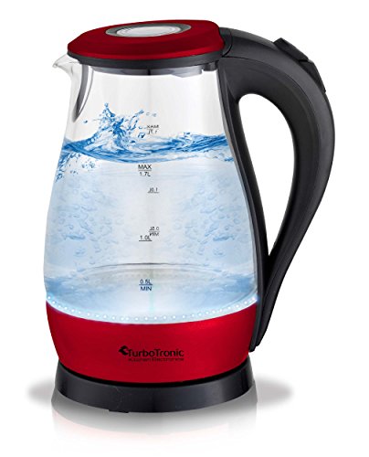TurboTronic Glas Wasserkocher 1,7 Liter mit LED Beleuchtung Blau (innen) BPA Frei, Leistung: 2200 Watt, Farbe: Rot-Metallic, inklusive Kalkfilter am Ausguss und 360° Basis-Station (kabellos), Edelstahl Bodenplatte mit nicht sichtbaren Heizelement - 3