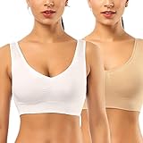 96% Polyamide, 4% Elastane MODEOR Super Comfort Bra, Womens Sports Bras Removable Pads Plus Size Sleep Bras for Girls in Yoga Bralette Leisure Stretch Crop Tops Vest 2 Pack (White+Beige)