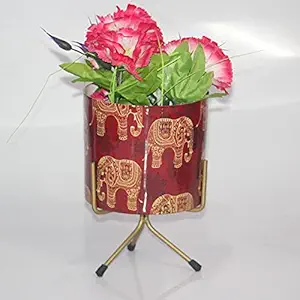 Elegant Crafts India Mordern Design Table or Outdoor Planter with Rust Free Metal Stand Plant Container Set, Pack of 1 Width X Height 06X7.5 Inches (Red Pot Elephant Printed with Stand )