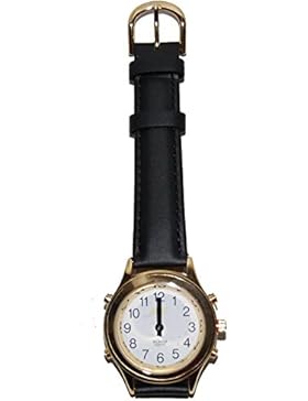 sprechende analoge Damen Armbanduhr Blindenuhr Leder-Armband Komplettdatum goldfarben DGL