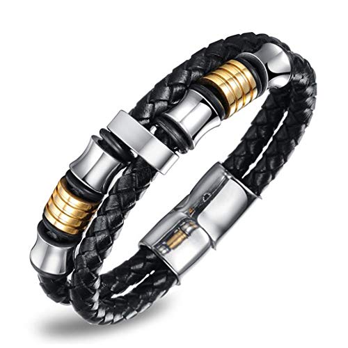 Preisvergleich Produktbild CYL Lederarmband, Herrenarmband aus Gold-Edelstahl, handgeflochtenes Armband, Magnetschnalle, geeignet für Geburtstag, Valentinstag,18.5cm
