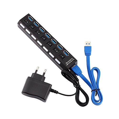 USB HUB,Superspeed USB Datenhub 7 Ports 3.0 Ultralight Verteiler mit Diagnose LED Anzeige Unterstützt Hot Plugin bzw Plug & Play mit Energiespar Schalter für PC Laptop Notebook Computer Windows MAC (Weiß) - 7