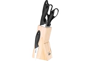 RB Renberg Dresde - 6 couteaux - acier inoxydable - Cuchi Chef 18cm - Couteau à pain 20cm - Cuchi polyvalent 12,5 cm - Cuchi peleling 8,75 cm - Ciseaux - Poignée noire - Bloc en bois