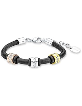 s.Oliver Damen-Armband 17+3 cm verstellbar Edelstahl Tricolor IP Gold IP Rose Leder schwarz Swarovski Kristalle...
