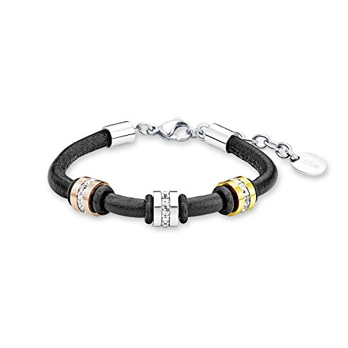 s. Oliver Damen-Armband Tricolor Edelstahl teilvergoldet Leder Kristall wei Rundschliff 20 cm - 539807