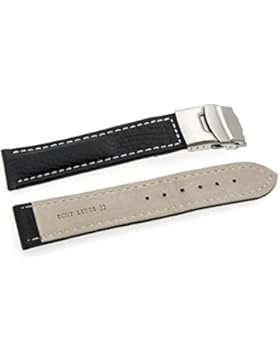 Buran01 - Uhrenarmband Leder, genarbt schwarz weiße Naht mit Sicherheitsschließe 22 mm