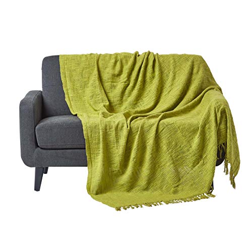 Homescapes Nirvana/Bed Sofa Throw with Fringe hand-tied using 150 x 200 cm 100% Pure Cotton, Lime/Gr