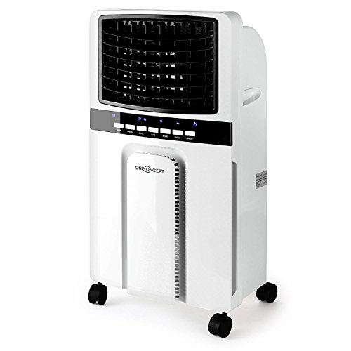 oneConcept • Baltic Blue • Luftkühler mit Wasserkühlung • Ventilator • Lufterfrischer • Luftbefeuchter • 3 Leistungsstufen • Fernbedienung • energiesparend • 65 Watt • 6 Liter Wassertank • inkl. Eispacks • Wasserstandsanzeige • Bodenrollen • weiß - 9