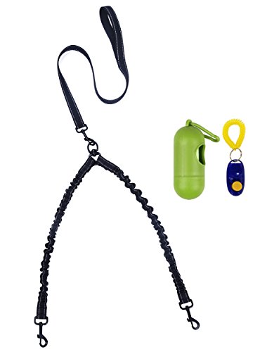 Laisse-double-pour-chien-ou-animal-domestique-Matire-lastique-rflchissante-Absorption-des-chocs--360--Sans-nuds-Marcheentranement-avec-deux-chiens-Sac-ramasse-crottes-inclus