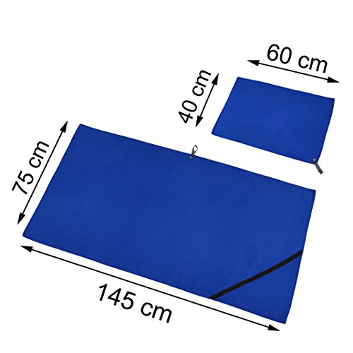 2er Set Outdoor Mikrofaser Handtücher + EXTRA große Reißverschluss-Ecktasche – [75x145cm & 40x60cm] – schnelltrocknend Premium Mikrofaser Reisehandtuch – Mikrofaser Handtuch, Sport, Reise, Sporthandtuch, Badetuch, Microfaser Handtuch groß u. klein inkl. Transportbeutel - 3
