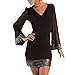 Produktbild Kleider Damen Dasongff Frauen Elegant Bleistiftkleid V-Ausschnitt Pailletten Langarm Nähte Minikleid Abend Party Cocktailkleid A-Line Damenkleider (L, Schwarz)
