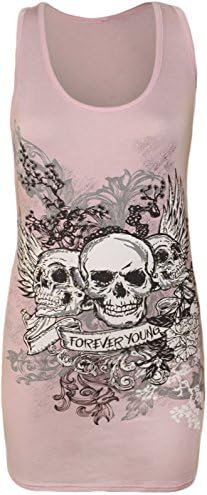 XpoZed Moda Womens Forever Young Skull Printed Vest Top Tee T-Shirt (Small/Medium, Baby Pink)