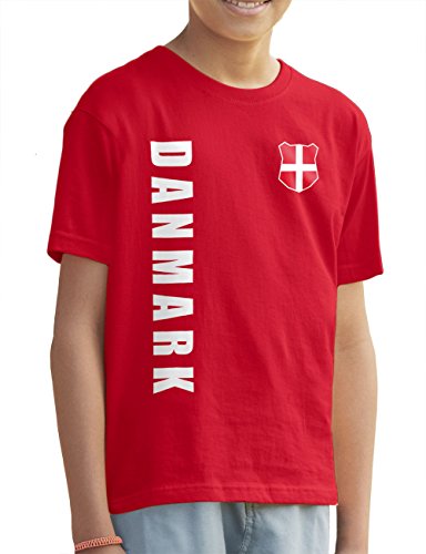 AkyTEX Dänemark Danmark Kinder Trikot Fanshirt T-Shirt Shirt WM 2018 Name Nummer (Rot, 128)
