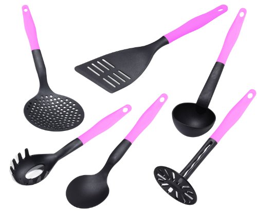 Lantelme KH-6tlg-schwarz-pink 6-teilig Küchenhelfer Set, Hitzebeständig Kunststoff bis zu 260 Grad Celcius, schwarz / rosa
