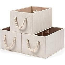 EZOWare Panier de Rangement Pliable en Tissu avec Poignée en Corde de Coton, Boîte de Rangement pour Étagères, Placard etc - Beige au Grain de Bois - Pack de 3