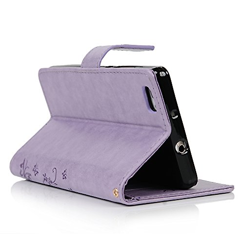Funda Huawei P8 Lite  Versi  n 2015   Carcasa Libro PU Premium Leather Cuero impresi  n - Mavis s Diary Flip Case Cover Con TPU Goma Flexible Cierre Magn  tico Funci  n de Soporte Billetera con Tapa - Dise  o de Mariposa y flor P  rpura claro