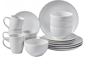 HOMD 16-Pieces Stoneware Dinnerware Set, Dinner Set, Kitchen Dinnerware Ceramic Crockery Set, Dinner Service Set for 4, Include Dinner Plate, Dessert Plate, Cereal Bowl and Mug（White dot）