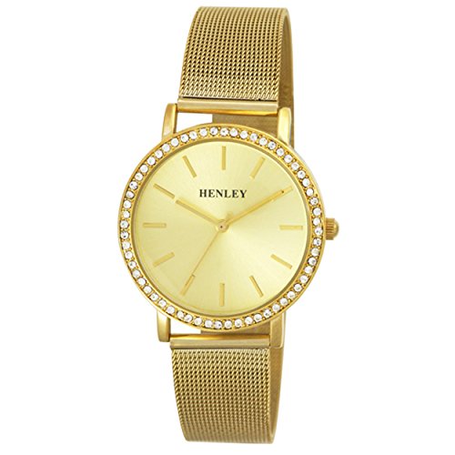 Henley Fashion Armbanduhr mit modischem Mesh und mit Fall Damen Quarzuhr mit Gold Zifferblatt Analog-Anzeige und Gold Armband Edelstahl vergoldet h072462