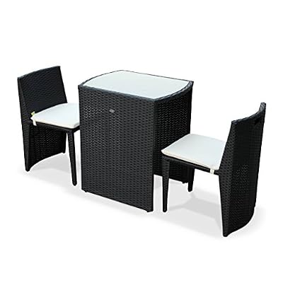 Alice's Garden - Table de jardin en résine tressée - Doppio - Noir, Coussins écru - 2 places, salon complètement encastrable, Faible encombrement, spécial balcon ou petite terrasse