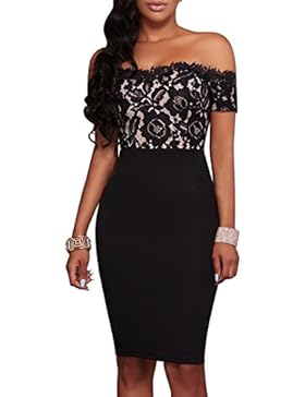 Synker Damen Schulterfrei Spitzenkleid Knielang Bodycon Cocktailkleid Abendkleid Partykleid