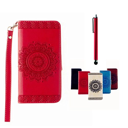 Preisvergleich Produktbild MUTOUREN für Samsung Galaxy S6 Hülle Schutzhülle PU Leder Bookstyle Handyhülle Brieftasche Wallet Schale Portemonnaie Klapphülle mit Standfunktion Taschen kratzfeste Stoßfest Magnetic Snap Bumper Schale - Geprägte Muster indische Mandala Rot + Stylus Touch Pen