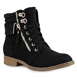  Stiefelparadies Damen Stiefeletten Schnürstiefeletten Leder-Optik Schuhe Spitzenstoff Boots Zipper Schnürboots 130895 Schwarz Spitze 37 Flandell