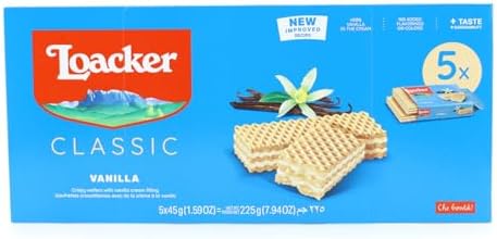 Loacker - Classic Vanille - Wafer Classico con 3 Strati di Cialde Farcite con Crema alla Vaniglia di Vere Bacche di Vaniglia Bourbon - Merenda e Snack - Confezione da 5 Pezzi da 45 g