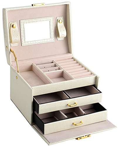 DCCN Schmuckkasten Elegant PU Leder Schmuckkoffer Schmuckschatulle Kosmetikkoffer mit 2 Schubladen Spiegel – Weiß - 3