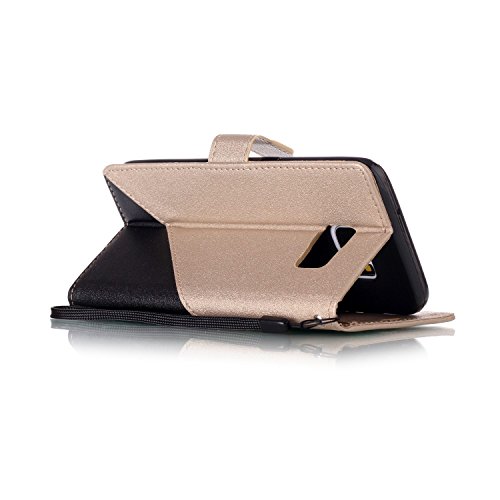CaseHome Samsung Galaxy S7 Edge PU-Leder Etui (mit Frei HD Schirm-Schutz) Stilvoll Elegant Muster Gedruckt Entwurf Stoßfest Rutschfest Schutz Brieftasche Fall Abdeckung Schale Haut Stoßstange Magnetischer Flip Stand-Funktion mit Handschlaufe und Kreditkarten-Steckplätze Passen für Samsung Galaxy S7 Edge-Schwarz und Gold - 5